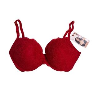 Push up bra medium lift plunge neckline In brilliant red lace 36DD underwire NWT